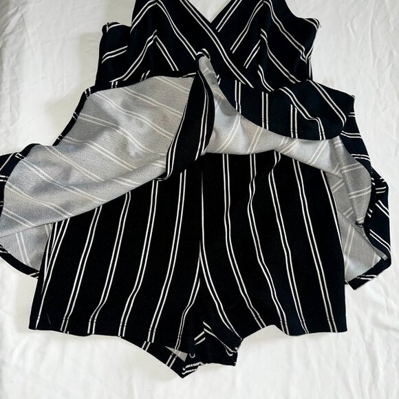 Privy Black White Striped V Neck Romper Women Tank Wrap Overlay Shorts-A343 - Picture 5 of 6